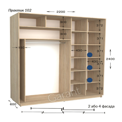 Шафа купе практик 102/2-2200-600-2400 (Garant)